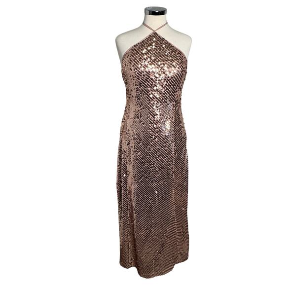 Karen Millen Liquid Sequin Woven Halter Party Dress Rose Gold - Size 10 (NWT!) - Picture 1 of 10